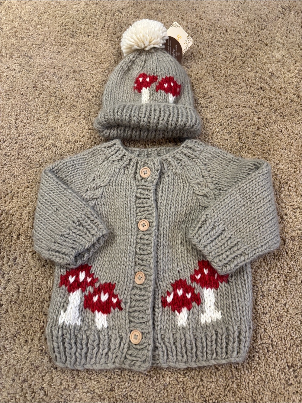 Huggalugs Kids Gray Knit Mushroom Cardigan and Pom Beanie Set - Red/White Accent